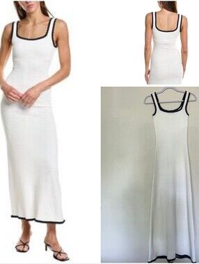 Rowing Blazers Scallop Trim Textured Knit Maxi Dress Cream Navy XS NWT